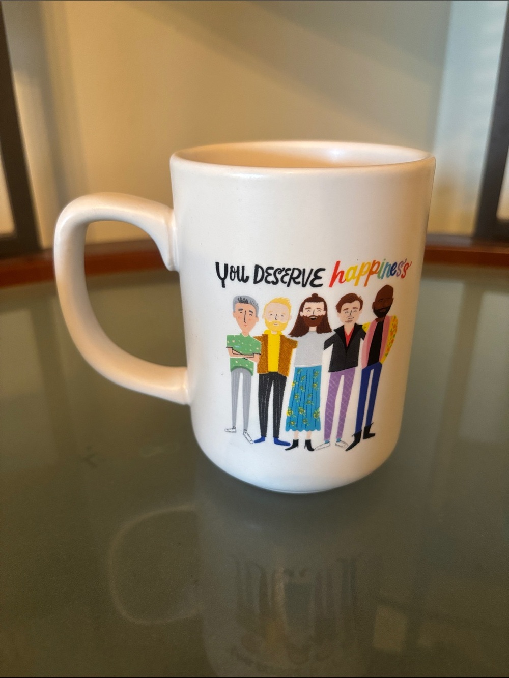 White 'You Deserve Happiness' Queer Eye Ceramic Mug